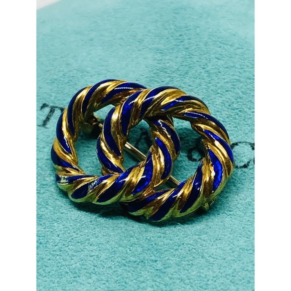Vintage Tiffany & Co. 18K Yellow Gold & Blue Enamel Intertwined Circles Brooch - Picture 4 of 8